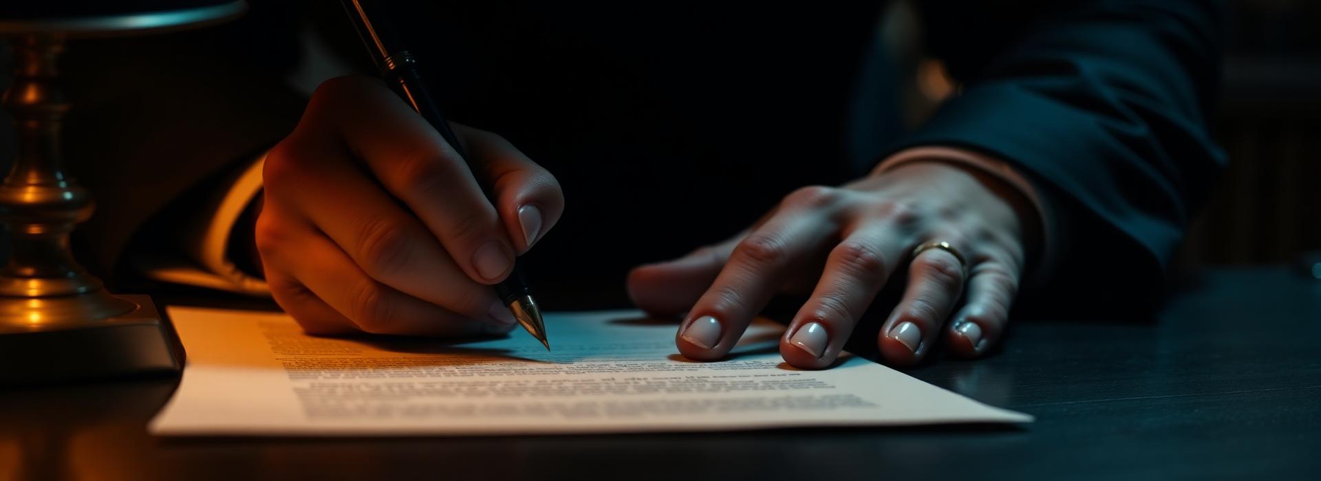 Hands signing documents with a fountain pen under a single warm light