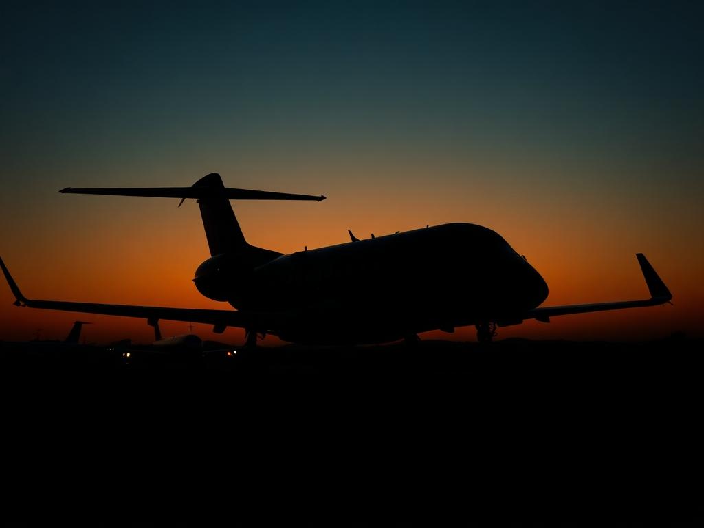 Private jet silhouetted on a dark tarmac at dawn