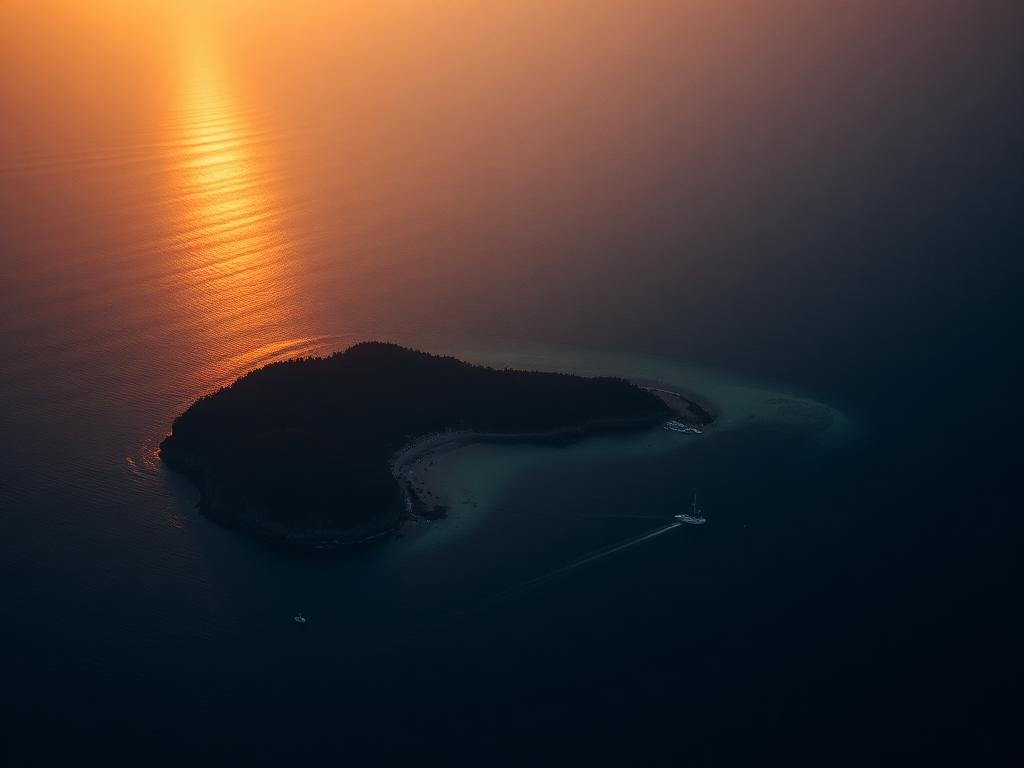 Aerial view of a private island and coastline at golden hour