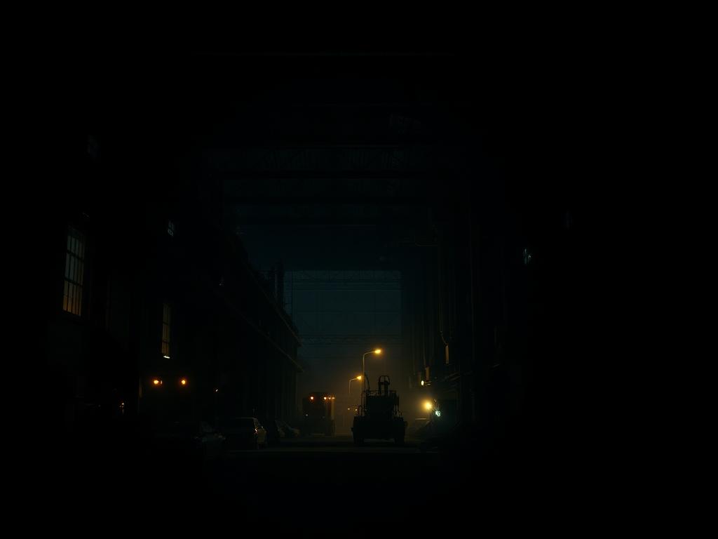 Moody industrial interior at night with machinery in shadow