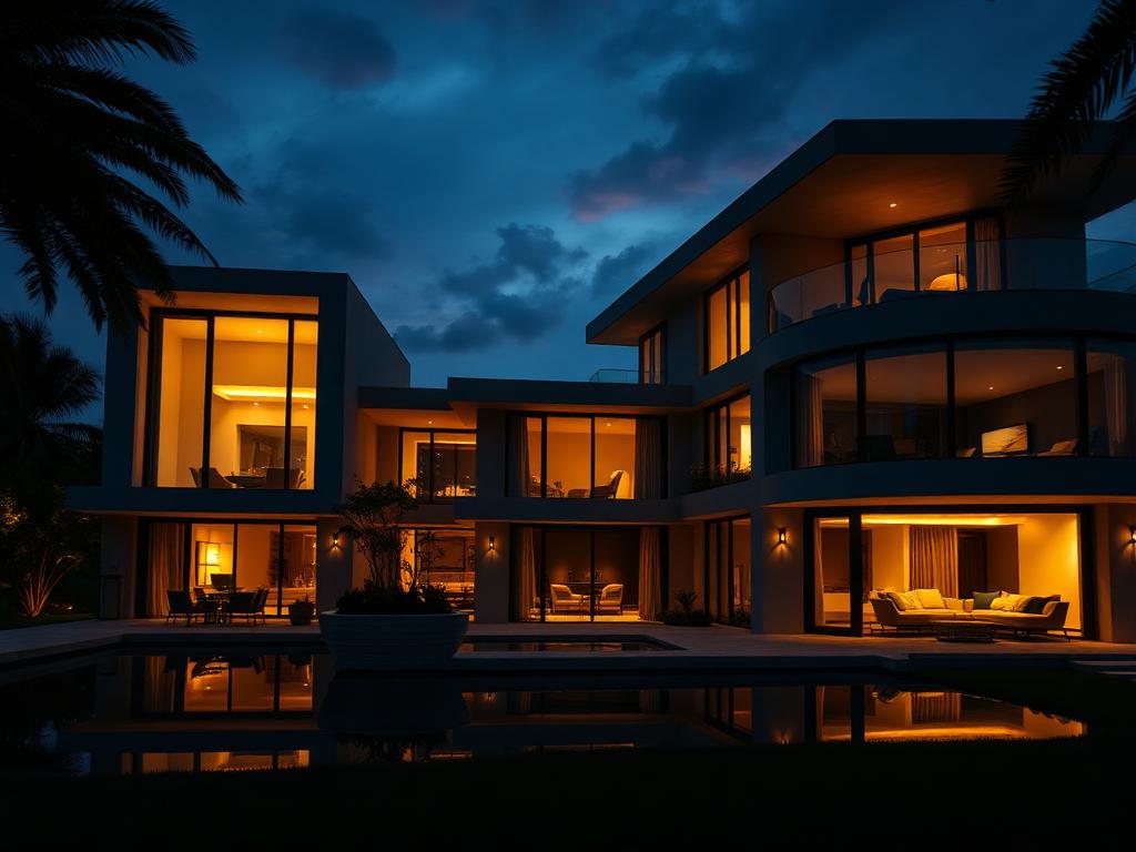 Modern architectural villa at dusk with warm interior light