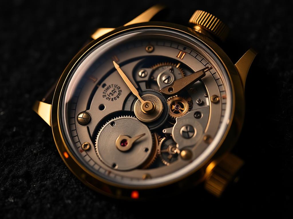 Macro of a fine mechanical watch movement on dark felt