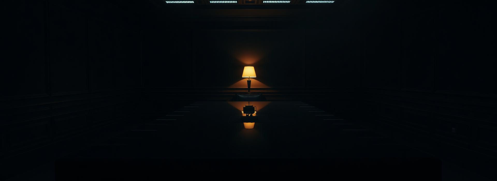 Dark empty boardroom lit by a single warm lamp