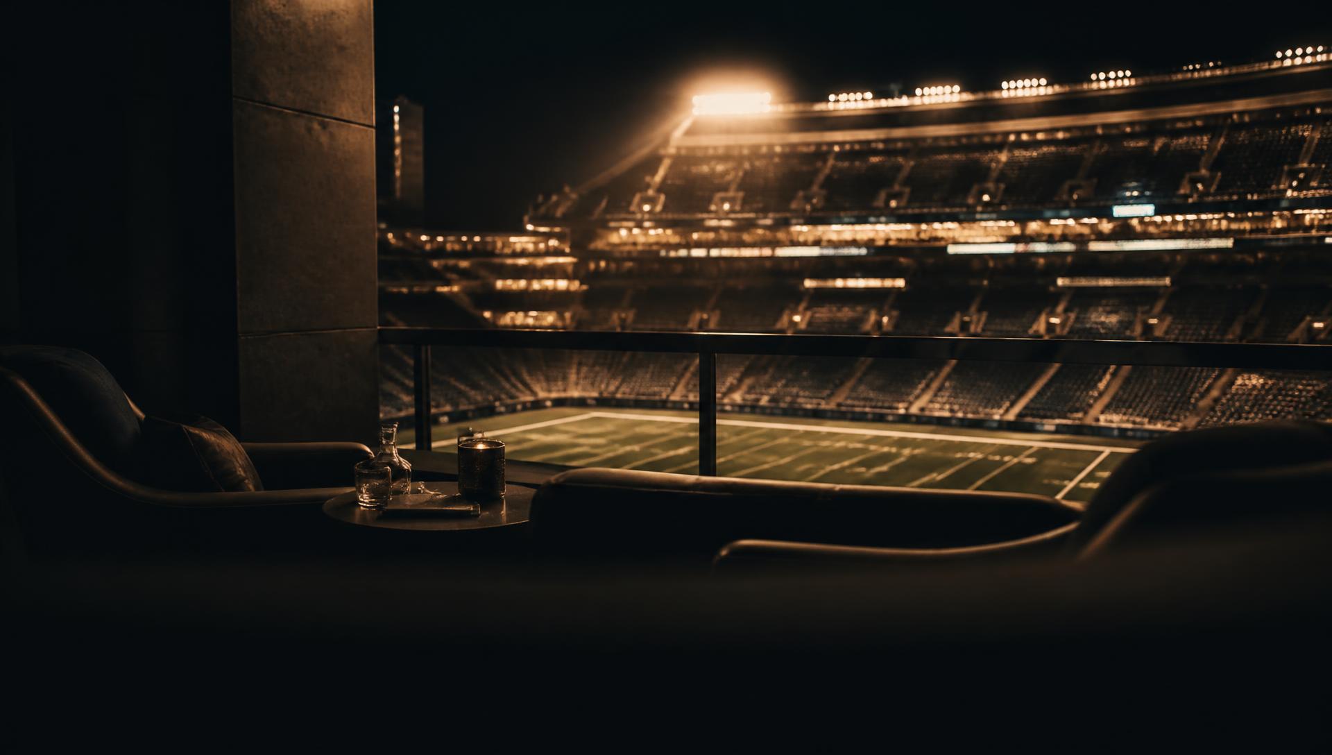 Empty stadium executive suite overlooking a floodlit pitch at night