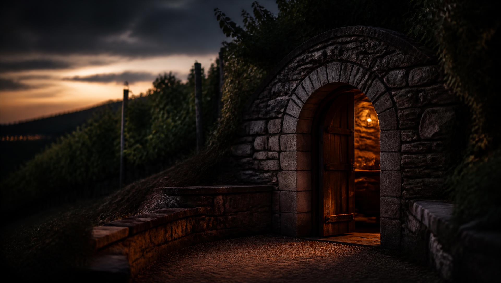 Stone-arched wine cave entrance in a vineyard hillside at dusk, warm light from the doorway